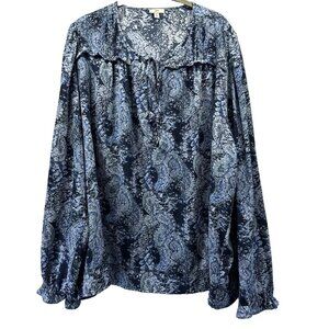 Joie Women's Top Size XXL 2X Blue Paisley Long Puff Sleeves‎ Tasseled Pintuck